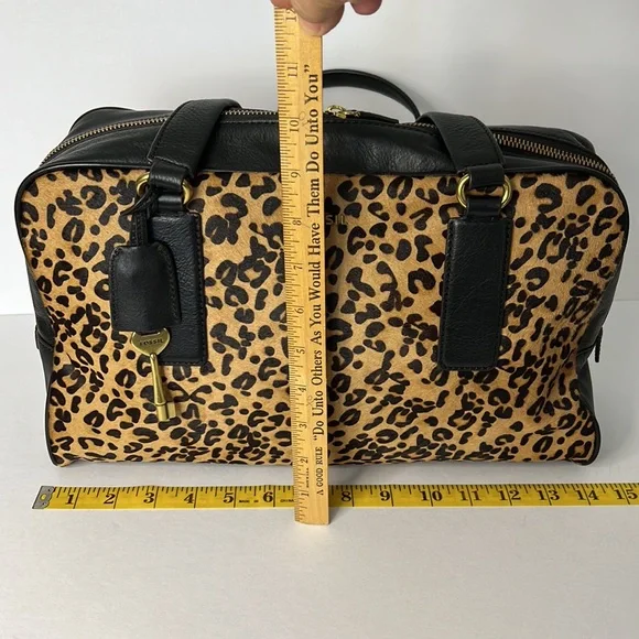 Fossil Black Leather Leopard Cheetah Print Handbag Satchel - Picture 8 of 16